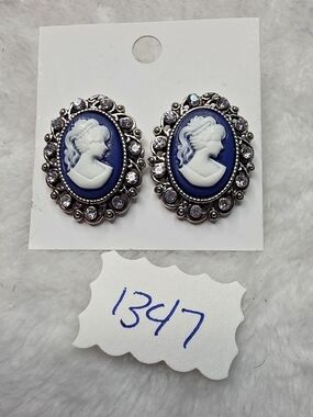 Classic Blue Cameo Stud Earrings with Crystal Halo